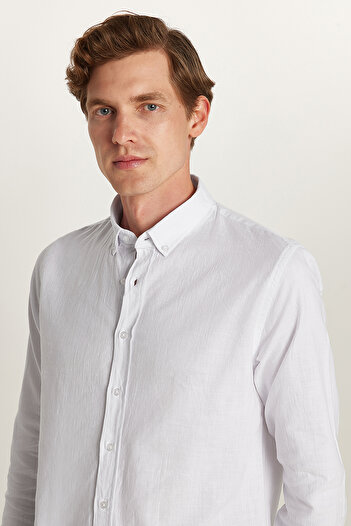 Tudors White Flamed Slim Fit Shirt - 100% Cotton, Linen Texture, Buttoned Collar