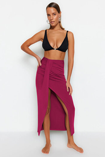 Trendyol Collection Burgundy Maxi Knitted Beach Skirt Tbess23Et00021