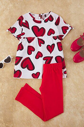 TRENDYOLKIDS Red Girl's Cotton Heart Printed Short Sleeve Leggings Knitted Bottom-Top Suit Tkdss24Au00032