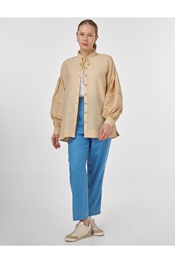 Kayra Ribbed Stitched Judge Collar Blouse Beige