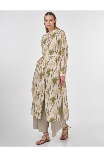Kayra Palm Pattern Cotton Linen Tunic Khaki
