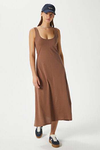 Ritnice Women's Nancy Sleeveless Brown Midi Combed Cotton Dress 5376