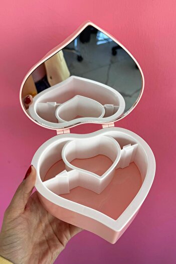 TAKIŞTIR Pink Color Heart Figured Mirrored Jewelry Organizer