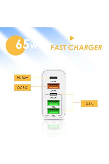 OEM Mains Charger, 5 Ports, 65W Fast Charge 3 x USB, 2 x Type-C Laptop, iPhone, Huawei, Samsung