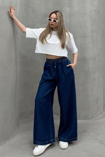 Olcay Elastic Waist Loose Soft Denim Trousers Dark Blue 7576