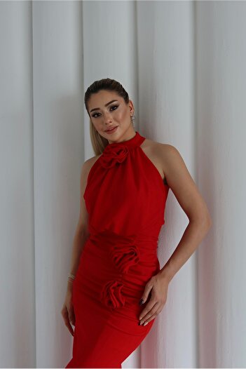 1Moda1Tarz Women's Imported Crepe Fabric Rose Detailed Slit Lined Special Design Dress