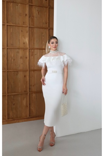 1Moda1Tarz Γυναικείο υφασμάτινο κατάδυσης με δαντέλα και φούντα με λεπτομέρεια κολιέ με ζώνη λαιμού με επένδυση Φόρεμα ειδικής σχεδίασης