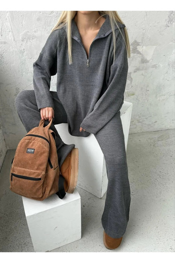 NZL TEKSTİL Dgn's Zipper Detail Trophy 2-Piece Oversized Sweater-Pants Suit