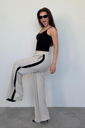 Madmext Beige Stripe Detailed Wide Leg Women's Trousers Mg2441