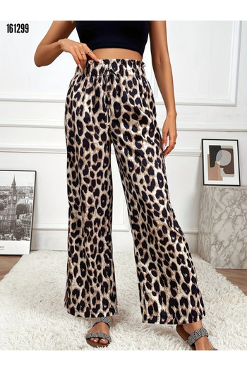 Modayakamoz Women's Leopard Patterned High Waist Elastic Laced Single Jersey Trousers