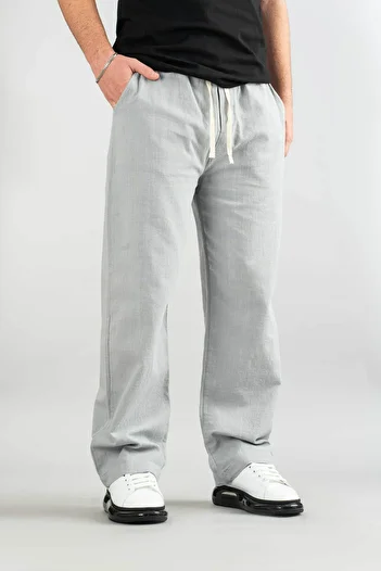 bombe Men's Gray Comfortable Fit Bagy Trousers Linen Belted Drawstring Soft Fabric Blend Trousers