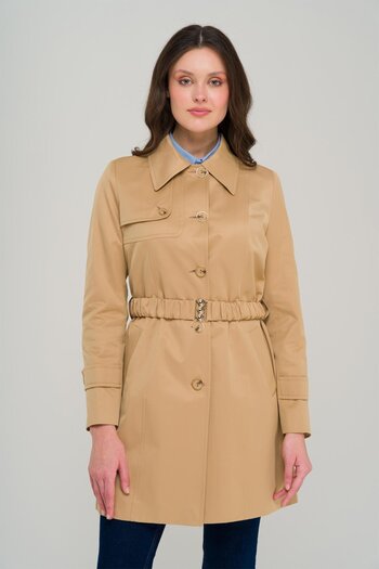Olcay Belt Gathered Water Repellent Lined Short Trench Coat Kamel 6684