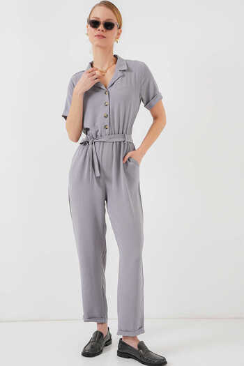 MEYLİYA Ribana Women's Shirt Collar Buttoned Aerobin Fabric Jumpsuit