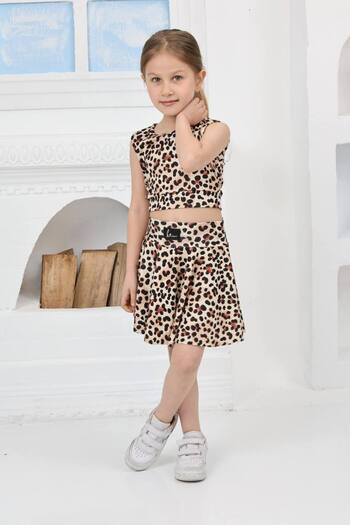 KİDSPİTİRCİK Girl's Leopard Strap Crop Badi, Shorts Skirt Suit