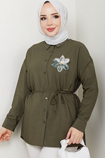 HİFADEN Γυναικείο πουκάμισο Hijab με λουλουδάτο λεπτομερές κουμπιά και ζώνη