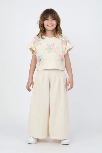 Kidmark Çocuk Modası Girl's Flower Detailed Cream Wide Leg Suit