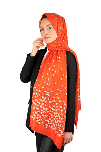 Bursa İpek Orange Snowdrop Pattern Twill Silk Shawl
