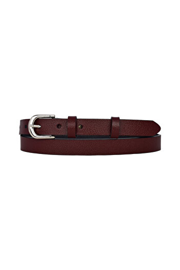 GoDeri 100% Genuine Leather, Thin 2 cm Burgundy Women's Belt with Silver Buckle; Dress Belt, Trouser Belt_Düz