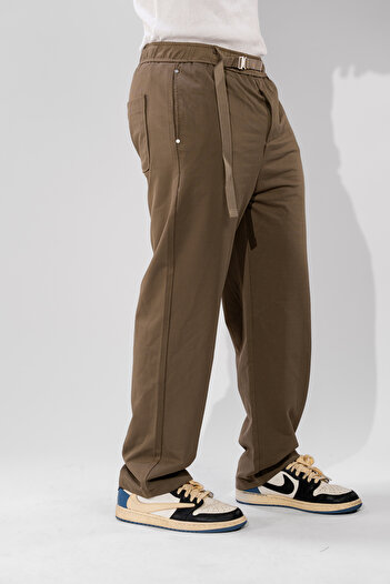 FLFXI Brown Casual Straight Leg Pants with Waist Tie
