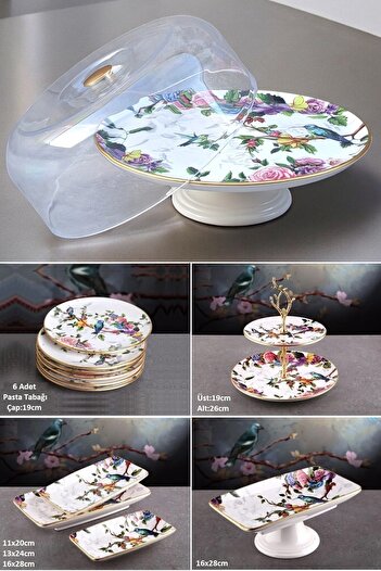 Pinkev Flora 13 Piece Ceramic Cake Cake Serving Presentation Plate Dish Set Set