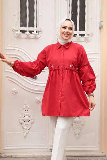N.S NEVA STYLE Embroidery Patterned Red Hijab Tunic 40603K
