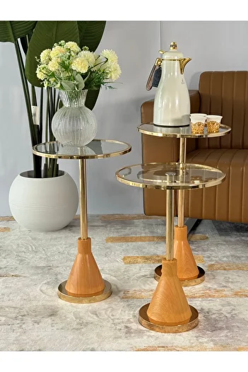 Living 3-piece Glass Service Table Set With Gold/wooden Steel Bases