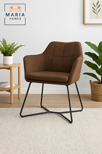 MARIA HOMES Brown Fabric Lounge Chair – Upholstered Armchair with Sled Black Metal Legs for Home or Office Use