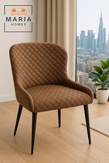 MARIA HOMES Brown Quilted Velvet Dining Chair – Padded Upholstered Seat with Black Metal Legs for Home or Café