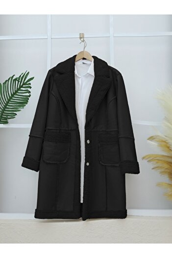 HİJABAYA Leather Coat with Plush Inside and Snap Pocket