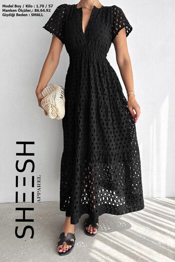 SHEESH APPAREL Long Black Dress - Perforated and Scallop Detail