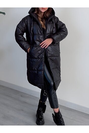 HİJABAYA Hooded Lace Detailed Zippered Puffer Coat
