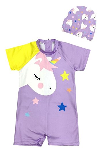 Şekerkids Girl's Lilac Color Star Patterned and Boned Jumpsuit Swimsuit