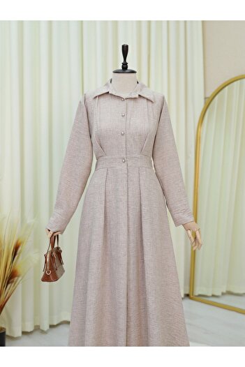 HİJABAYA Half Buttoned Linen Dress with Elastic Waist