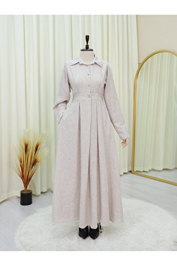 HİJABAYA Half Buttoned Linen Dress with Elastic Waist