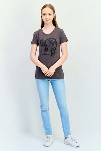 GAP Women Round Neck Short Sleeves Graphic Print T-Shirt, Grey