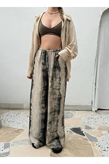 Bak'ap Premium Patterned Wide Leg Loose Trousers with Lace Detail