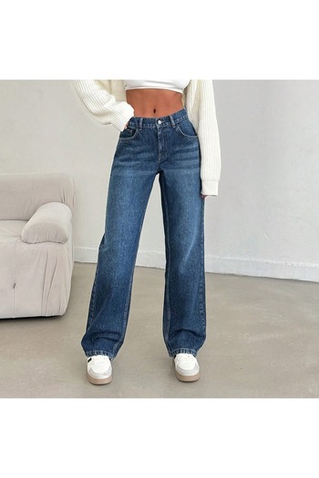 EmWay'S DENİM Women's Straight Dark Blue Denim Pants with Elastic Waist