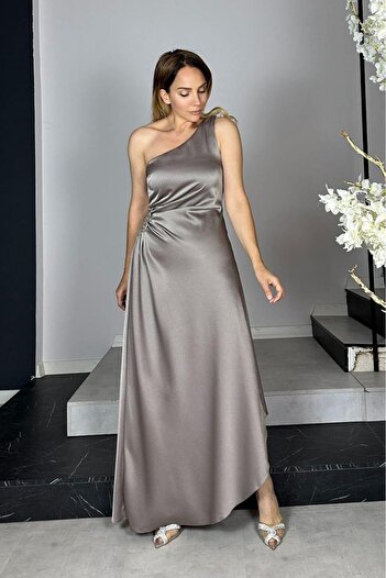 gesmoda G1358 One Shoulder Stone Detailed Satin Evening Dress Mink
