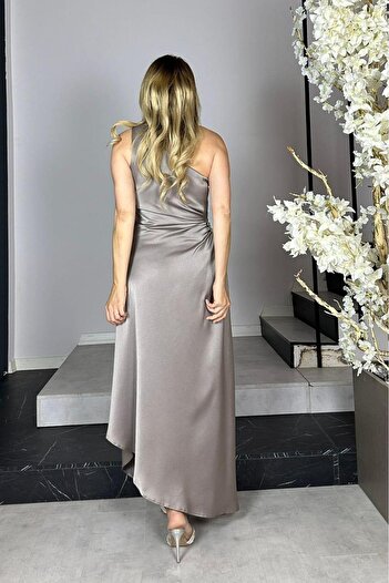 gesmoda G1358 One Shoulder Stone Detailed Satin Evening Dress Mink