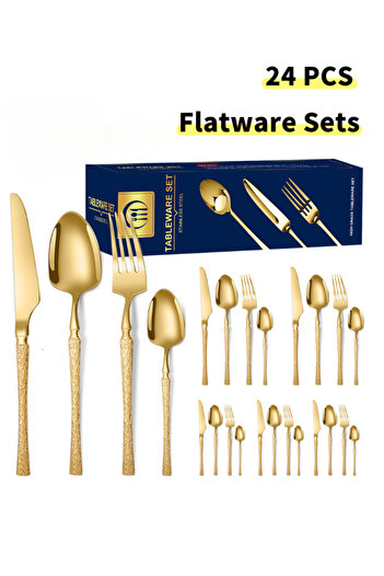 COOYA 24 Pcs Gold Silverware Flatware Sets,stainless Steel Mirror Finish,includes Fork Spoon Knife