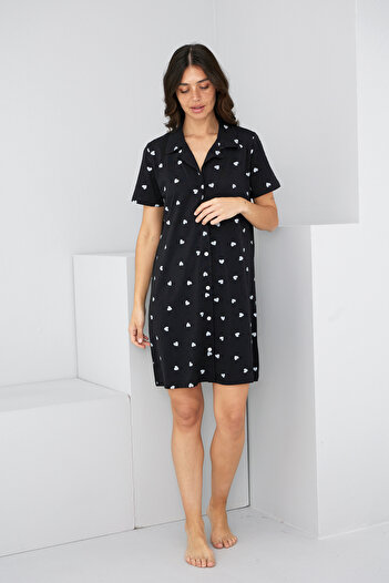 Siyah İnci Black and White Heart Patterned Button-Down Shirt Collar Nightgown