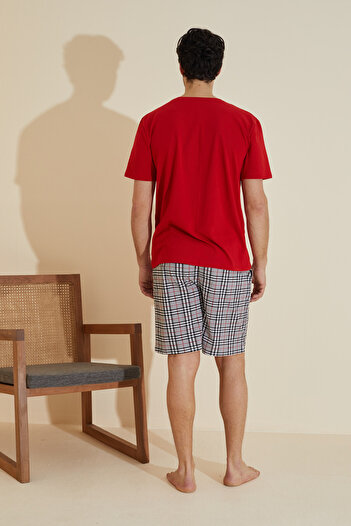 Siyah İnci Red Patterned Crew Neck Knitted Shorts Suit 25109635