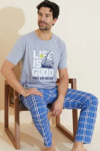 Siyah İnci Gray Patterned Crew Neck Knitted Pajama Suit 25109838