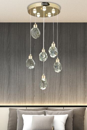 burenze A Luxury Modern Kristalize Cam Sarkıt Altılı Power Led Avize Gold Sarı Gün Işığı Ledli Avize