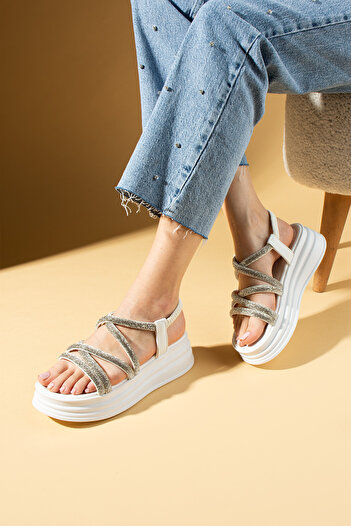 Pembe Potin Women's White Stone Comfortable Sole Stone Conford Daily Stylish Sandals