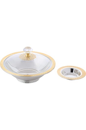 ALSAIF Iron Bowl For Dates With Acrylic Lid And Seed Container, Size: 17.2/8.8 Cm, Color: Silver/go