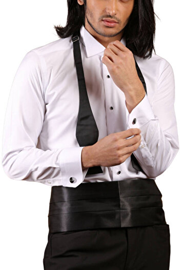 Dicotto Πέτρινο πουκάμισο με κουμπιά Λευκό Μαύρο Slim Fit Tuxedo - Προγονικός γιακάς, Μανικετόκουμπα - 006