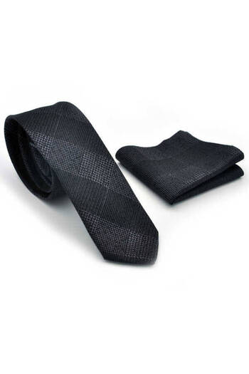Gaffy Cravatte Gray Black Plaid Patterned Woven Fabric Handkerchief Slim Fit Tie / Sdk- 220707