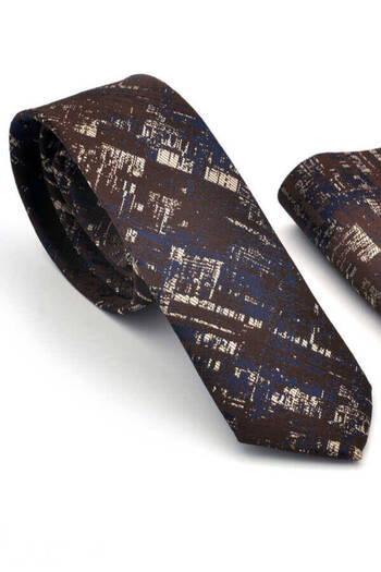 Gaffy Beige Navy Blue Motif Patterned Brown Woven Fabric Slim Fit Tie with Handkerchief / Sdk-220710