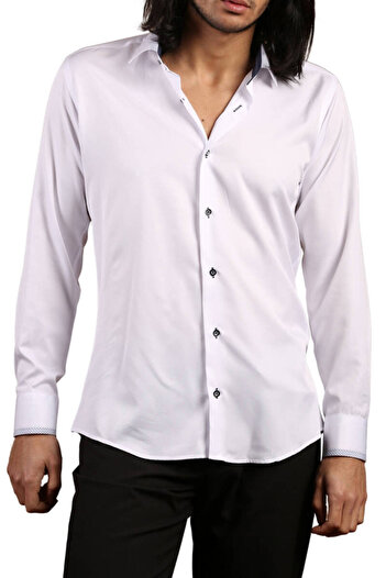 Dicotto Чоловіча сорочка Slim Fit, біло-синя, білий комір, вузький крій, мікротканина, ґудзики на рукавах - 200-3